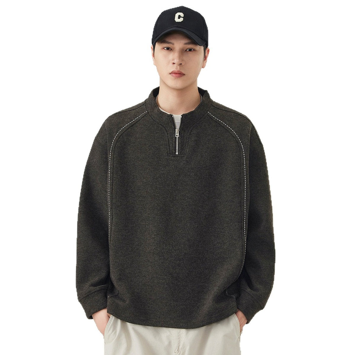 Casual Raglan Sleeve Half Zip Stand Collar Men's Sweatshirt