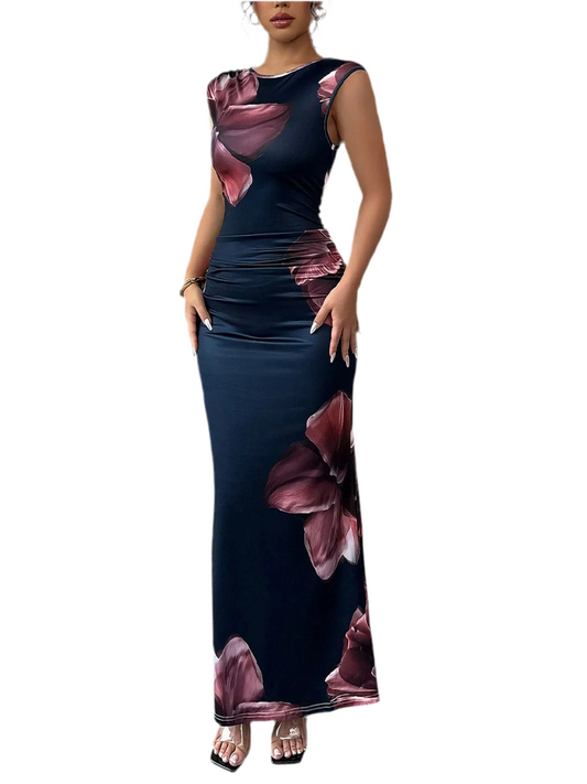 Robe longue moulante sans manches à imprimé floral