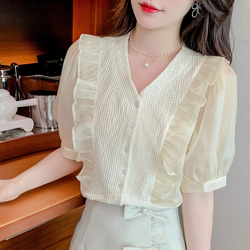Fashionable Ruffle-trimmed Panelled Puff-sleeve V-neck Shirt
