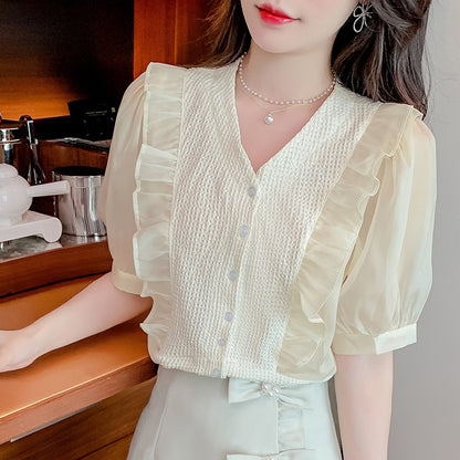 Fashionable Ruffle-trimmed Panelled Puff-sleeve V-neck Shirt