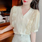 Fashionable Ruffle-trimmed Panelled Puff-sleeve V-neck Shirt