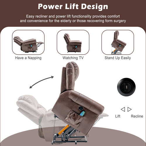 Large Power Lift Recliner Chairs With Massage And Heat For Elderly Big People, Massage Chair Heavy Duty Electric Faux Leather Reclining Chairs With USB Port And 2 Side Pockets