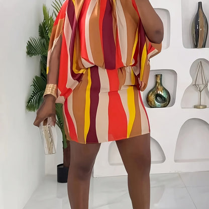 Robe Courte Décontractée Rayée Grande Taille pour Femme avec Détail de Nœud à l'Encolure