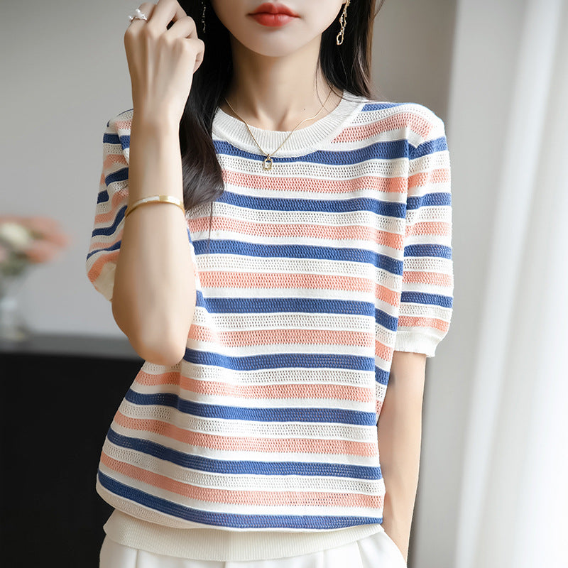 Fashionable Contrasting-Color Ice Silk Striped Knit Sweater