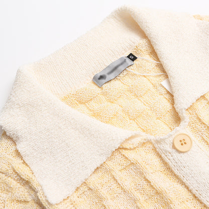 Knitted Cardigan with Plaid Color-blocked Lapel Button-up Sweater