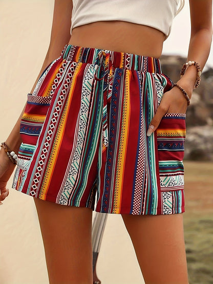 Short court bohème taille haute pour femme, 100 % polyester tissé, motif rayé d'été avec poches, short imprimé décontracté pour femme