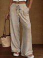 Striped Loose Commuter Casual Lace-up Elastic-waist Wide-leg Trousers