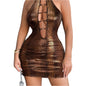 Chic Halter Mini Skirt with Deep V-Neck and Eyelet Detailing - Bodycon, Hollow-Out Design Dress for Women
