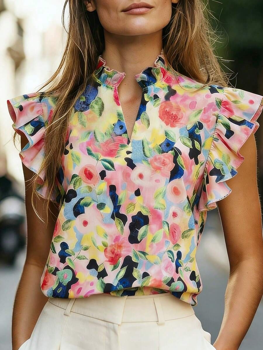 Women's Retro Ruffle-Trimmed Printed Sleeveless Shirt