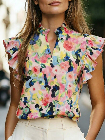 Women's Retro Ruffle-Trimmed Printed Sleeveless Shirt