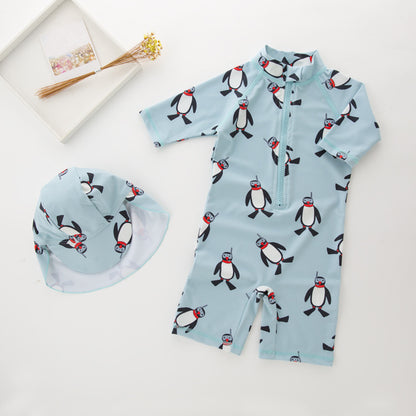 Boy One-piece Long Sleeves Penguin Beach Sun Protection Hot Spring Swimming Cap Swimsuit Two-piece