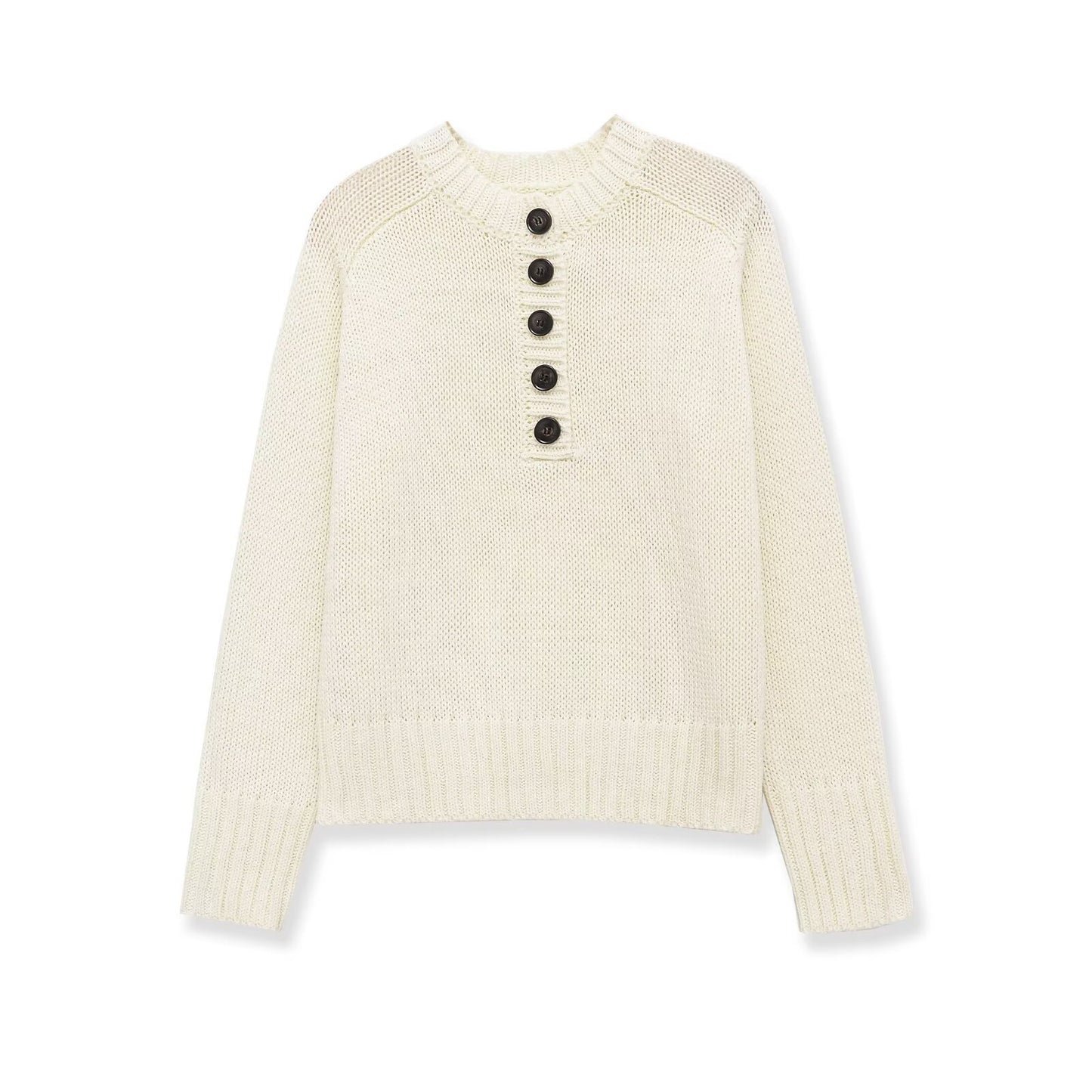 Long sleeved round neck single breasted threaded knit sweater