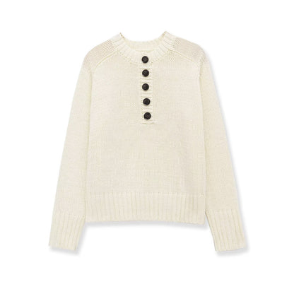Long sleeved round neck single breasted threaded knit sweater