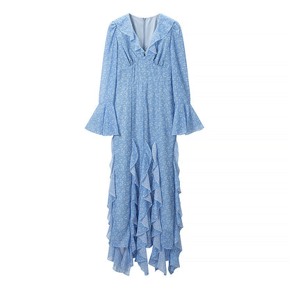Elegant ruffle edge slim fit and slimming trumpet sleeve dress