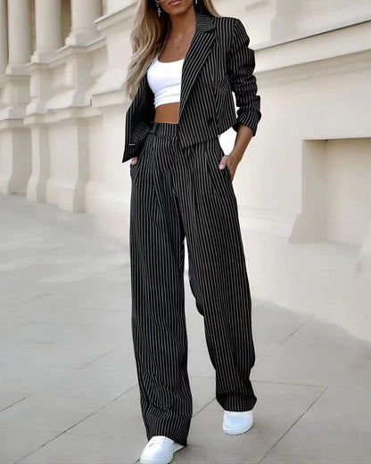 Striped Lapel Cropped Top Pants