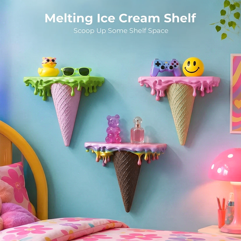 3D Printed Melting Ice Cream Floating Shelf – Wall-Mounted Drip Wall Decor, Funny Irregular Artistic Storage Rack