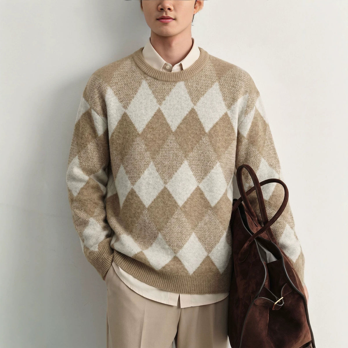 Diamond grid long sleeved sweater for men