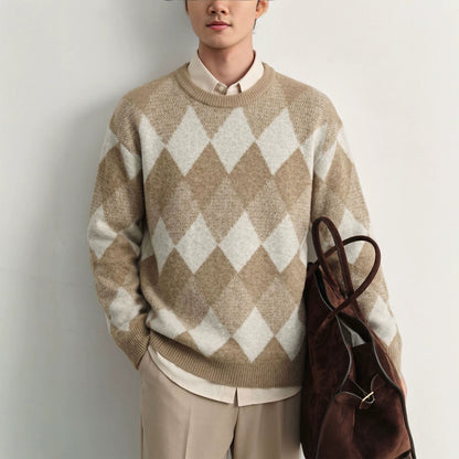 Diamond grid long sleeved sweater for men