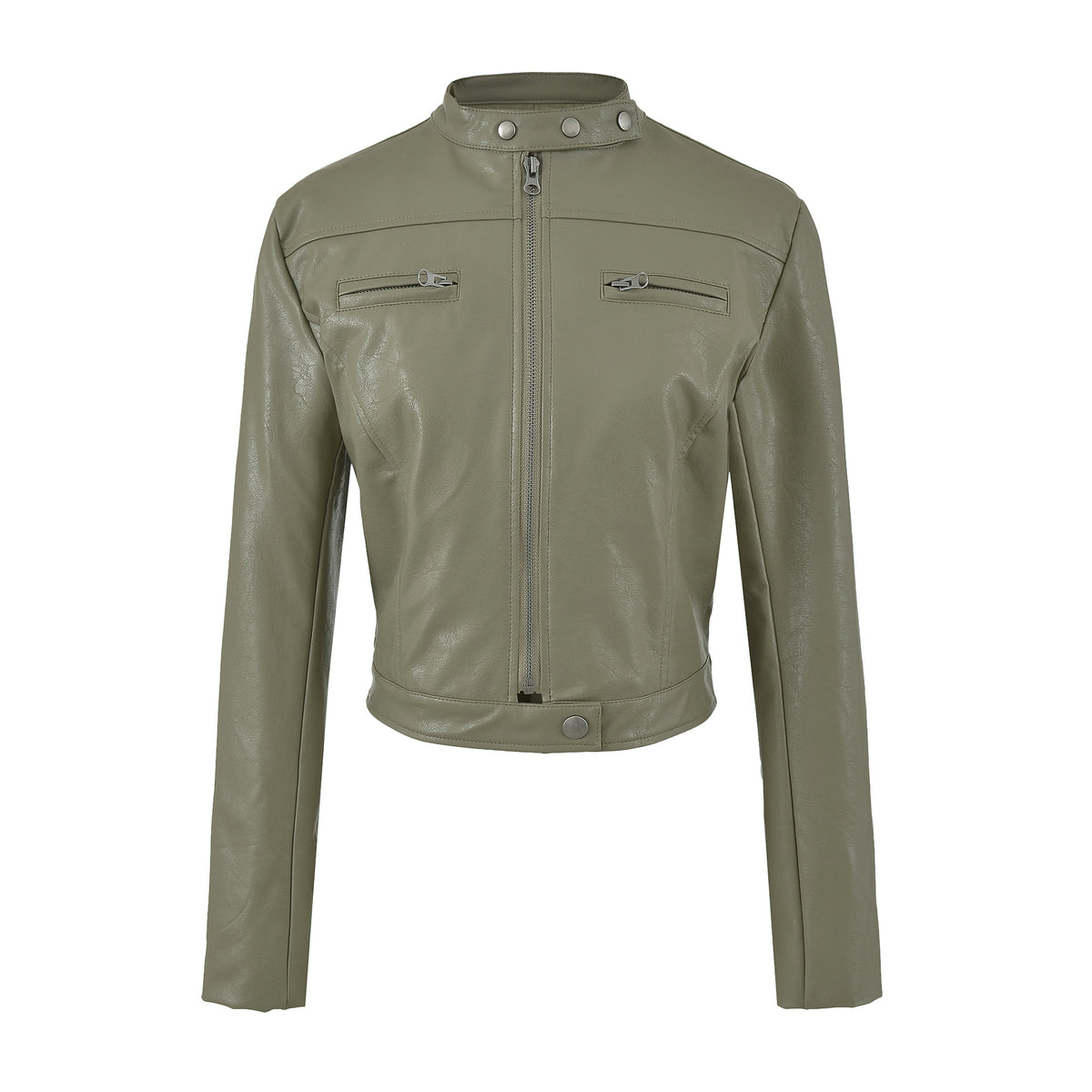 Vintage Brown PU Leather Zip-Up Stand Collar Cropped Jacket