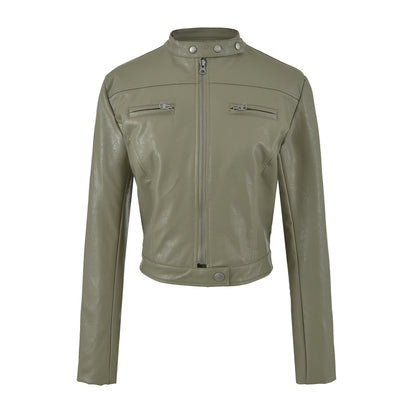 Vintage Brown PU Leather Zip-Up Stand Collar Cropped Jacket