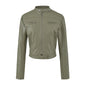 Vintage Brown PU Leather Zip-Up Stand Collar Cropped Jacket