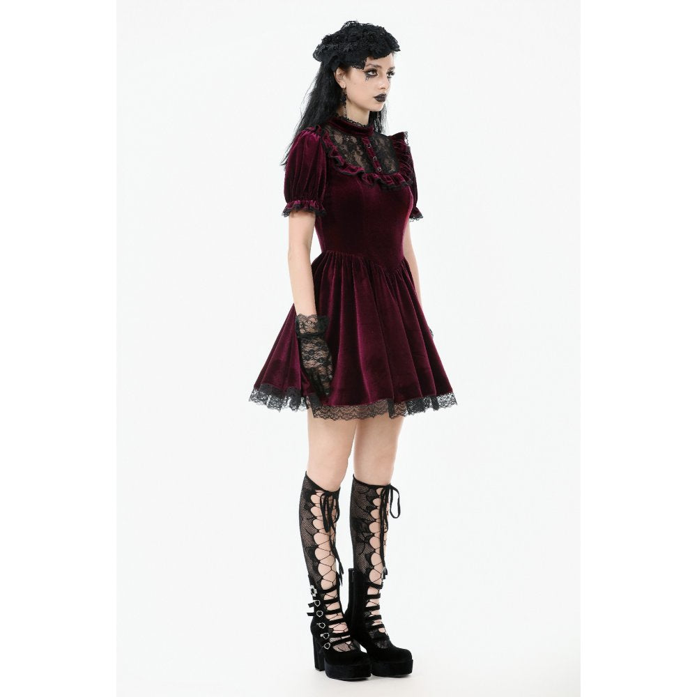 Robe Gothique en Velours Bordeaux à Col en Dentelle Ophelia Dark in Love
