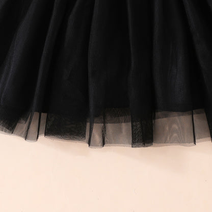 Halloween Girls' Bat Print Dress Long Sleeve Tulle Princess Dress Party Performance Outfit