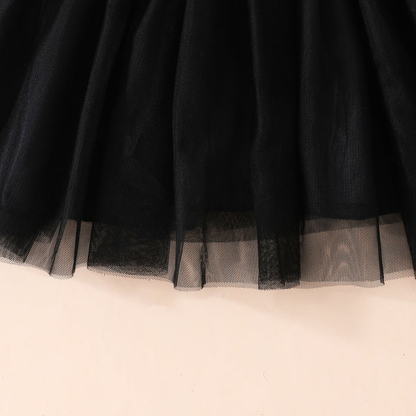 Halloween Girls' Bat Print Dress Long Sleeve Tulle Princess Dress Party Performance Outfit