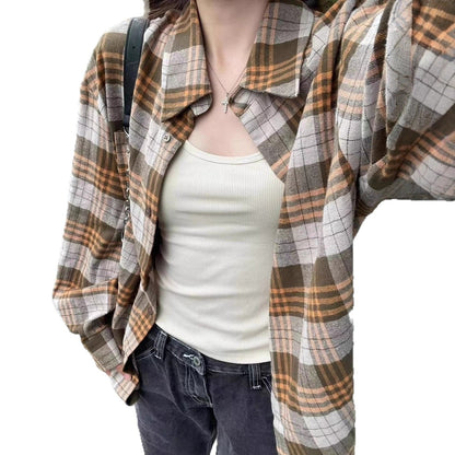 Style Plaid Shirt Women's Casual Loose Fit Polo Collar Long Sleeve