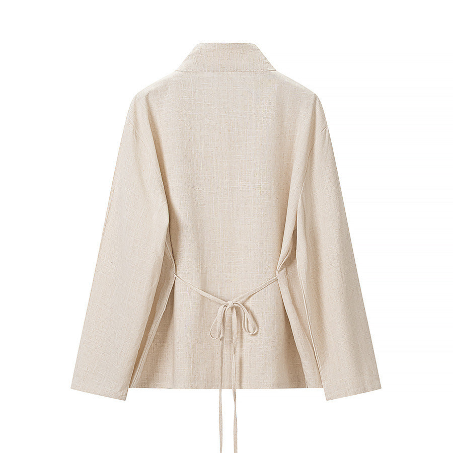Cotton and linen long sleeved shirt+wide leg pants set