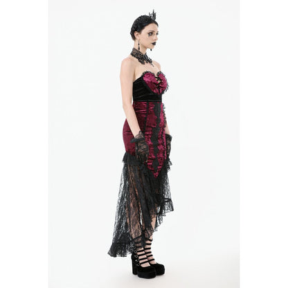 Dark in Love Crimson Queen Lace High-Low Goth Skirt in Burgundy & Black