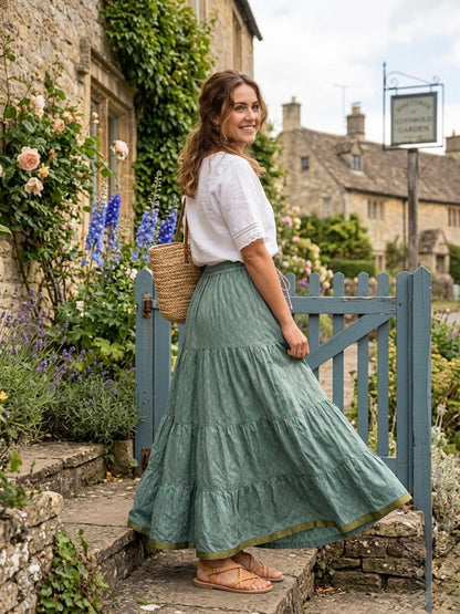 Blackfever Women's Sage Green Maxi Skirt - 100% Cotton with Gold Print