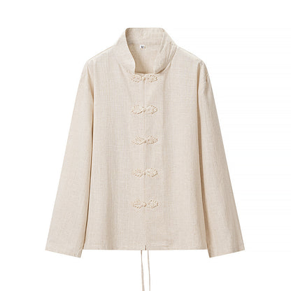 Cotton and linen long sleeved shirt+wide leg pants set