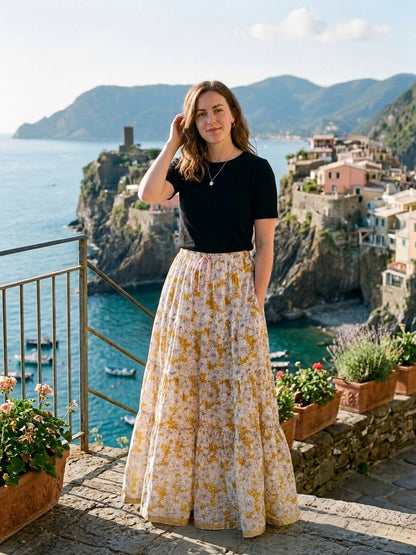 Blackfever Women's Tiered Floral Maxi Skirt - 100% Cotton, Mustang Yellow & White