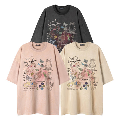 Cat butterfly print short sleeved shirt