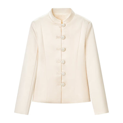 Elegant satin waistband buckle embellished jacket