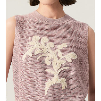 Lightweight Knit Sleeveless Top with Embroidery and Color-block Pattern, Elegant Summer Style