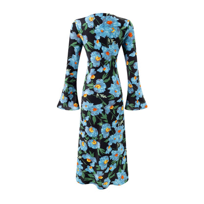 One-Shoulder Flared Long Sleeve  Printed Waist-Cinched Dress