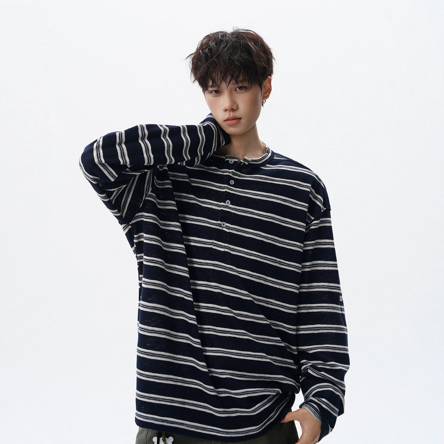 Black and White Stripe Henley Neck Long Sleeve T-Shirt