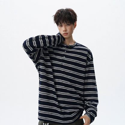 Black and White Stripe Henley Neck Long Sleeve T-Shirt