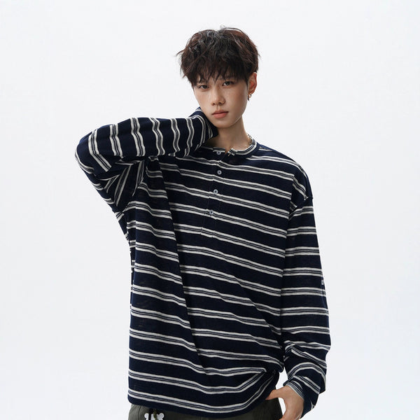 Black and White Stripe Henley Neck Long Sleeve T-Shirt