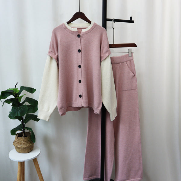 Detachable sleeve knitted cardigan, woolen pants, loose contrasting sweater set