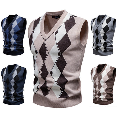 Plaid Sweater Knitwear Casual V-Neck Vest