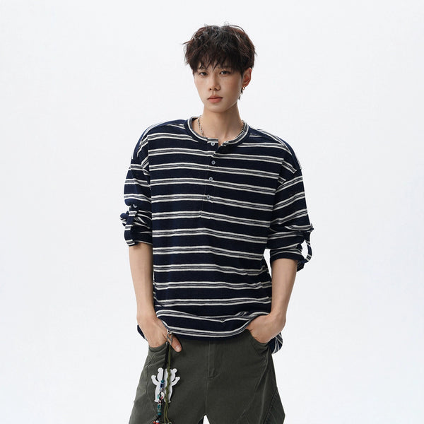 Black and White Stripe Henley Neck Long Sleeve T-Shirt