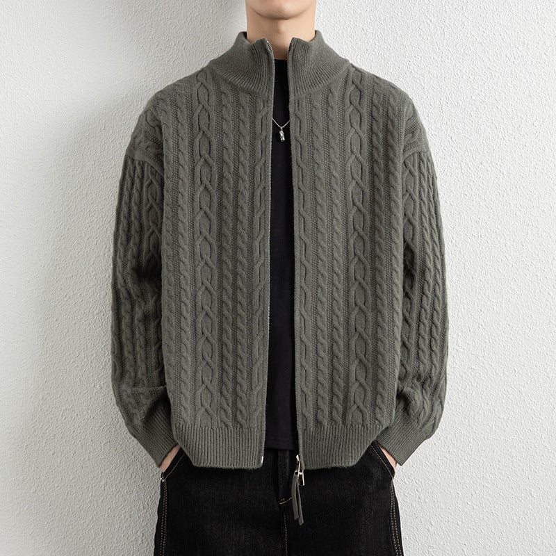 Men's Vintage Cable Knit Zip-Up Cardigan Jacket