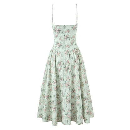Green Floral Print Pleated Strapless Dress
