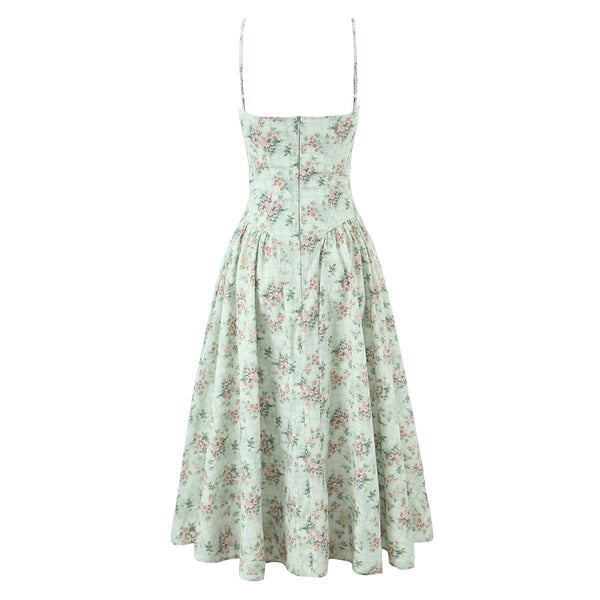 Green Floral Print Pleated Strapless Dress