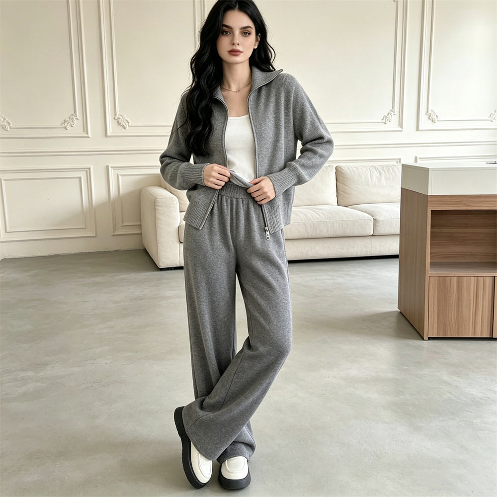 knitted sweater cardigan wide leg pants two-piece set