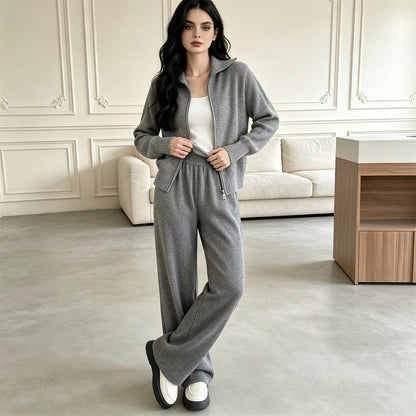 knitted sweater cardigan wide leg pants two-piece set
