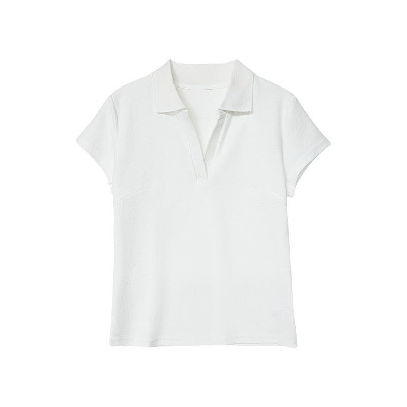 Polo Collar Straight Shoulder Short Sleeve T-Shirt for Women
